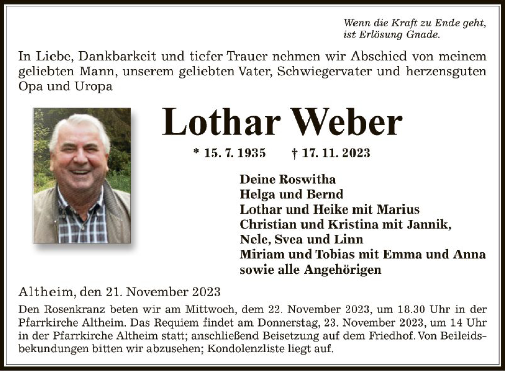  Traueranzeige für Lothar Weber vom 21.11.2023 aus Fränkische Nachrichten