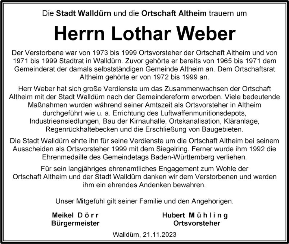  Traueranzeige für Lothar Weber vom 21.11.2023 aus Fränkische Nachrichten