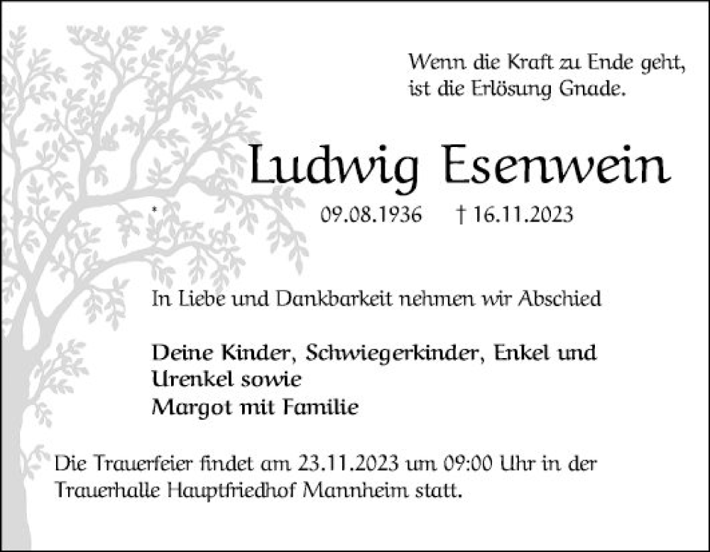  Traueranzeige für Ludwig Esenwein vom 22.11.2023 aus Mannheimer Morgen