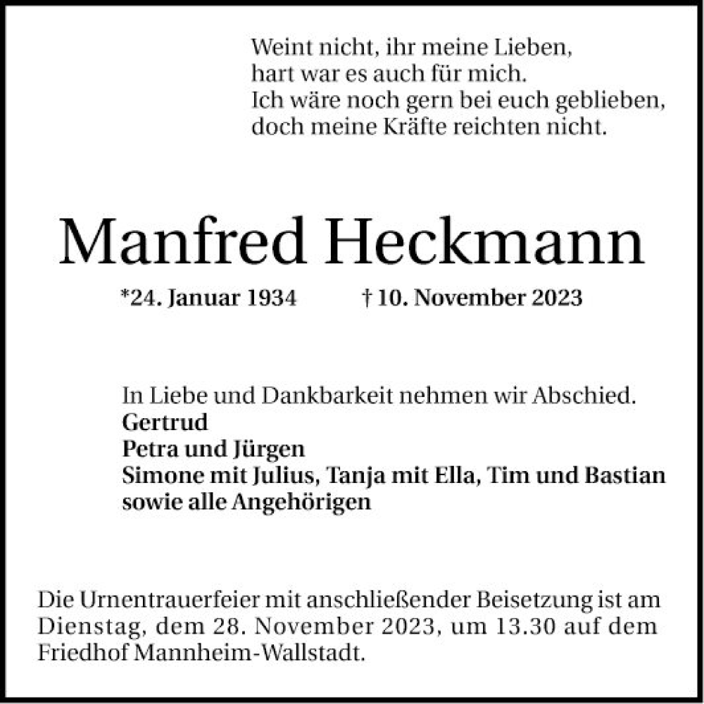 Traueranzeige für Manfred Heckmann vom 25.11.2023 aus Mannheimer Morgen