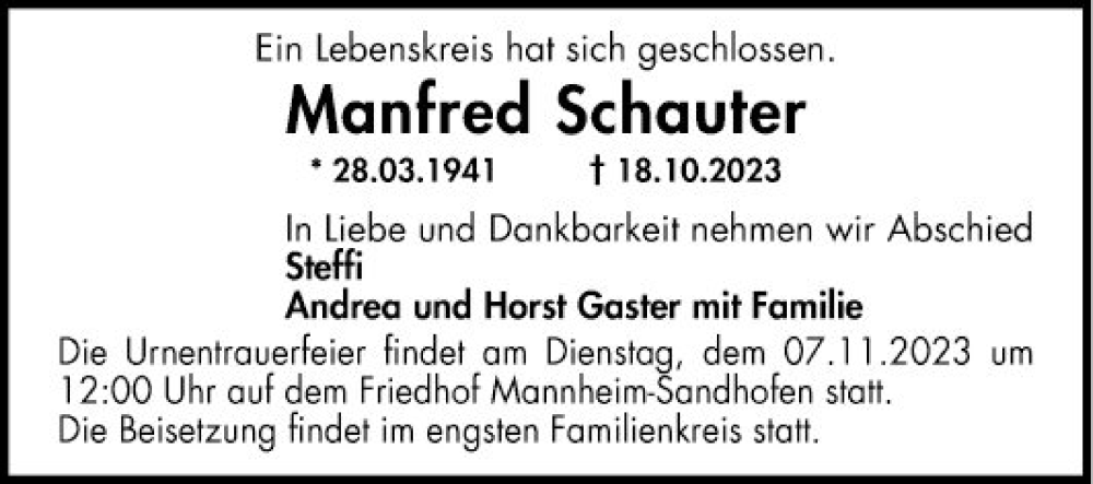  Traueranzeige für Manfred Schauter vom 04.11.2023 aus Mannheimer Morgen
