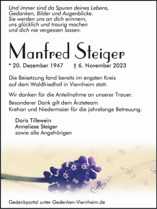 Traueranzeige von Manfred Steiger von Mannheimer Morgen