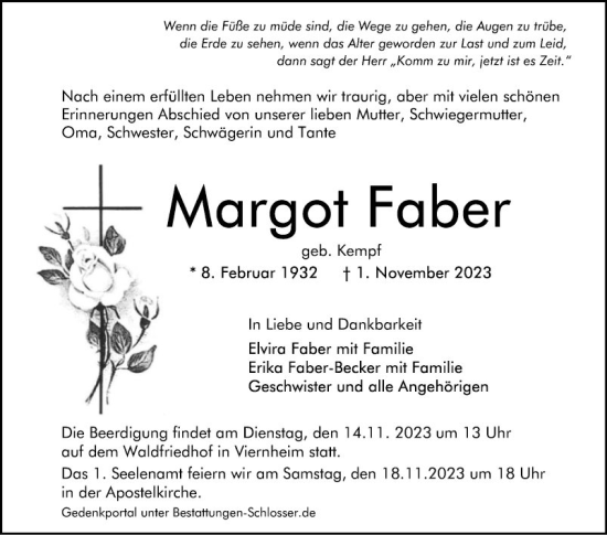 Traueranzeige von Margot Faber von Mannheimer Morgen