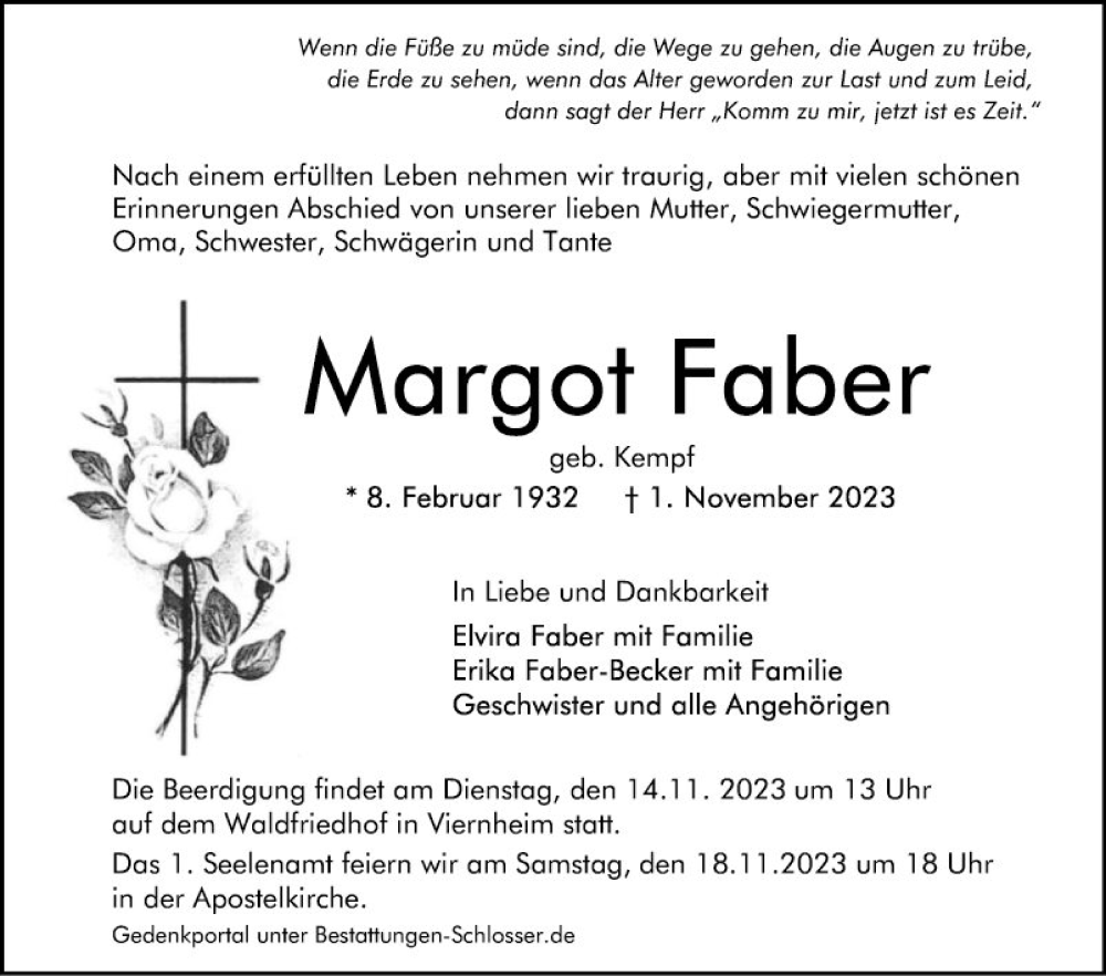  Traueranzeige für Margot Faber vom 09.11.2023 aus Mannheimer Morgen