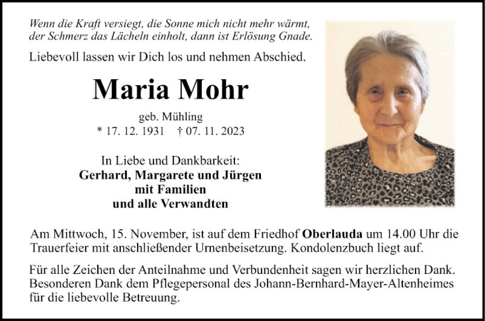  Traueranzeige für Maria Mohr vom 10.11.2023 aus Fränkische Nachrichten