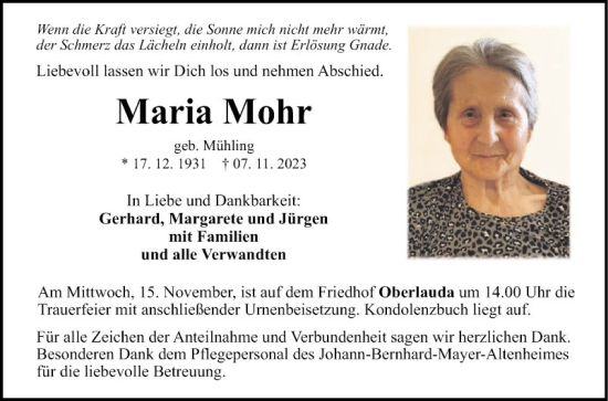 Traueranzeige von Maria Mohr von Fränkische Nachrichten