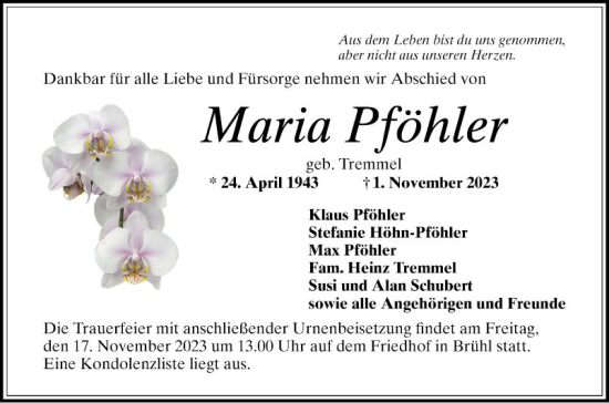 Traueranzeige von Maria Pföhler von Schwetzinger Zeitung