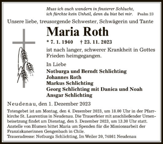 Traueranzeige von Maria Roth von Fränkische Nachrichten