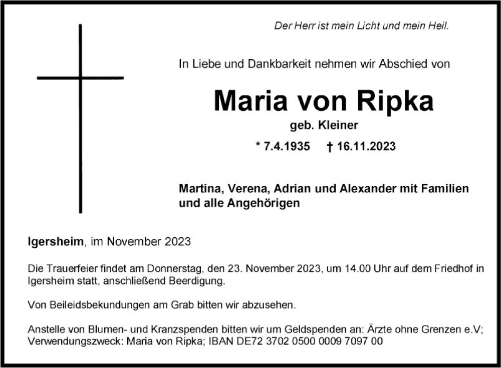  Traueranzeige für Maria von Ripka vom 21.11.2023 aus Fränkische Nachrichten