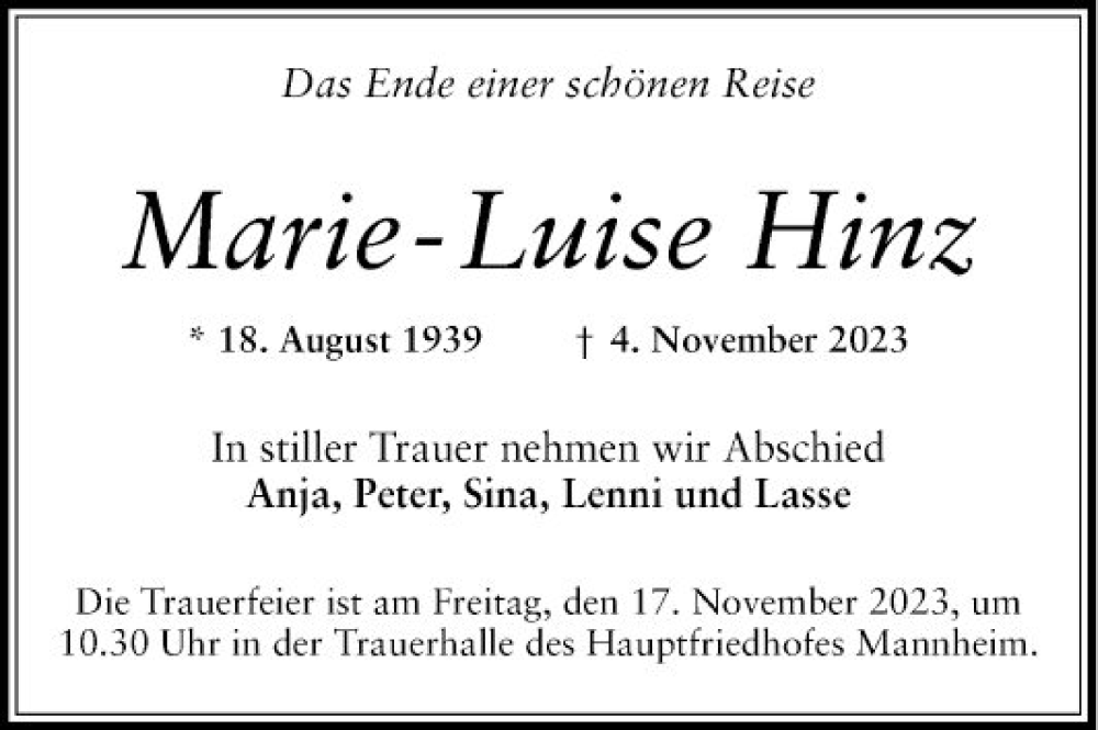  Traueranzeige für Marie-Luise Hinz vom 11.11.2023 aus Mannheimer Morgen