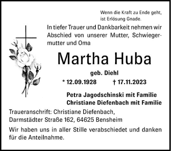 Traueranzeige von Martha Huba von Bergsträßer Anzeiger