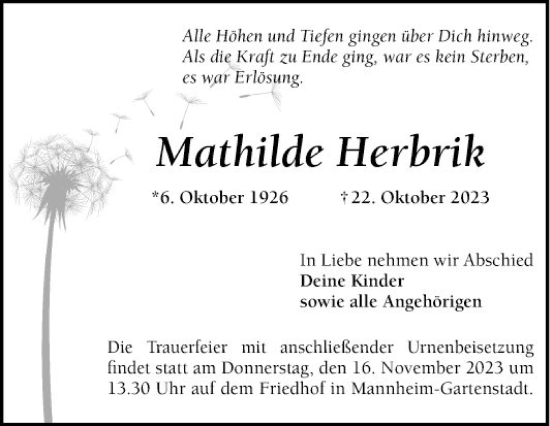 Traueranzeige von Mathilde Herbrik von Schwetzinger Zeitung