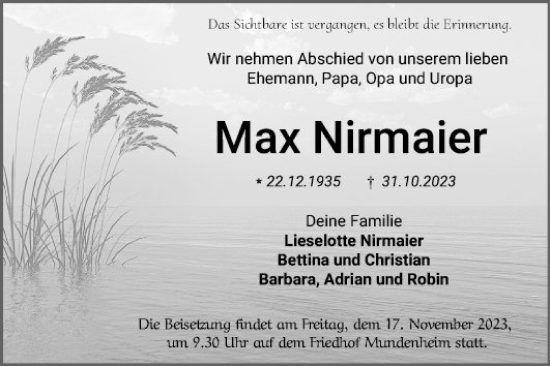 Traueranzeige von Max Nirmaier von Mannheimer Morgen