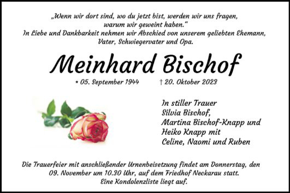  Traueranzeige für Meinhard Bischof vom 04.11.2023 aus Mannheimer Morgen