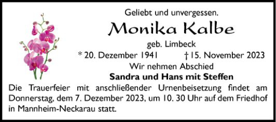 Traueranzeige von Monika Kalbe von Mannheimer Morgen
