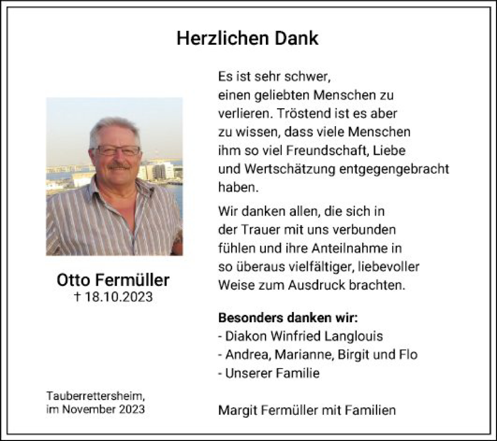  Traueranzeige für Otto Fermüller vom 10.11.2023 aus Fränkische Nachrichten