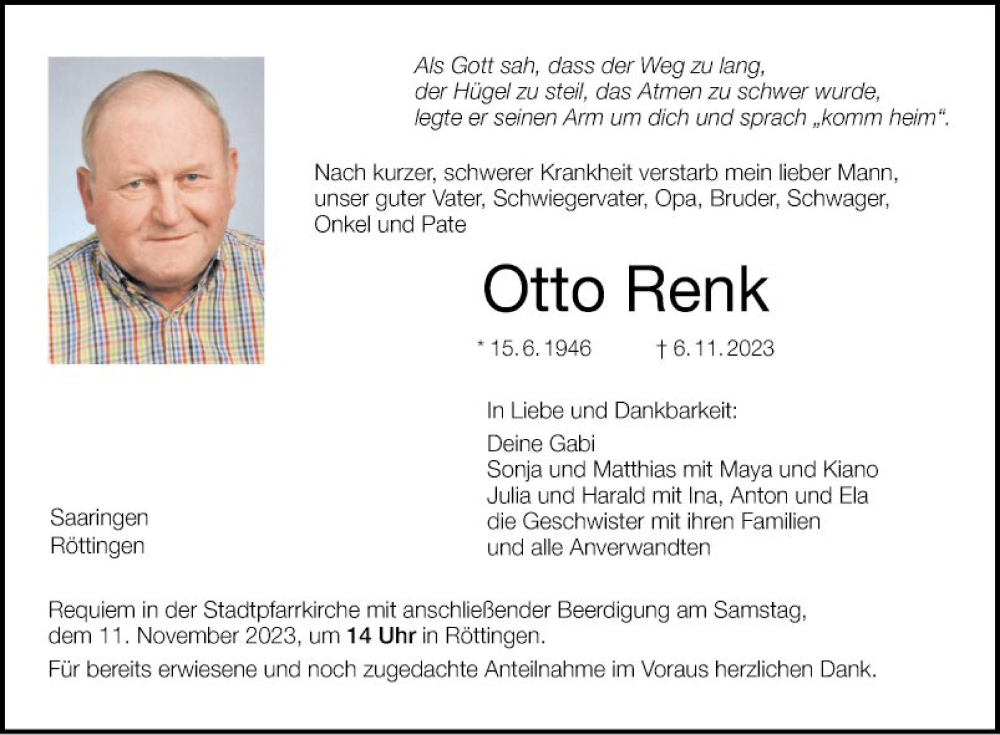  Traueranzeige für Otto Renk vom 09.11.2023 aus Fränkische Nachrichten