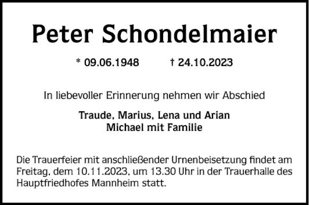  Traueranzeige für Peter Schondelmaier vom 04.11.2023 aus Mannheimer Morgen