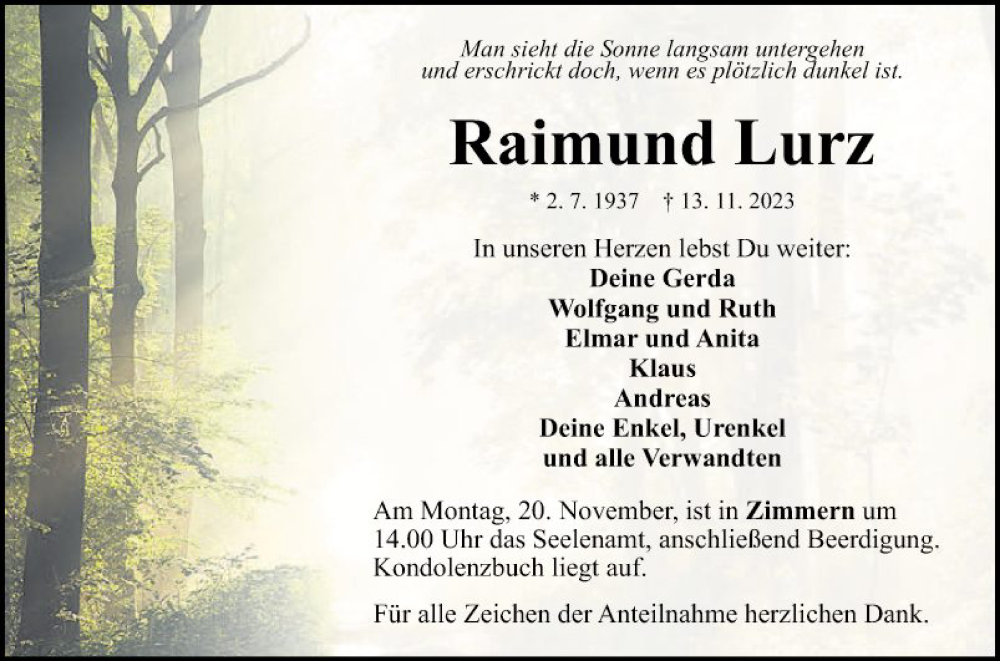  Traueranzeige für Raimund Lurz vom 16.11.2023 aus Fränkische Nachrichten