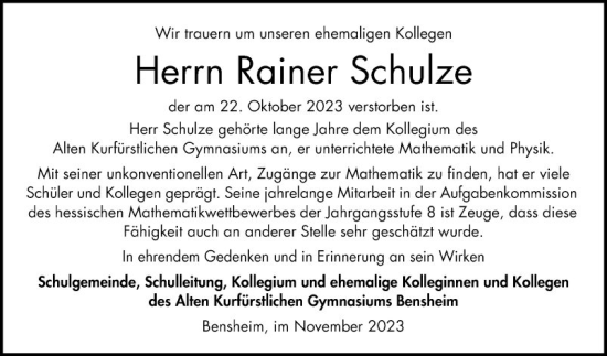 Traueranzeige von Rainer Schulze von Bergsträßer Anzeiger