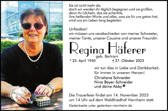 Traueranzeige von Regina Häferer von Mannheimer Morgen