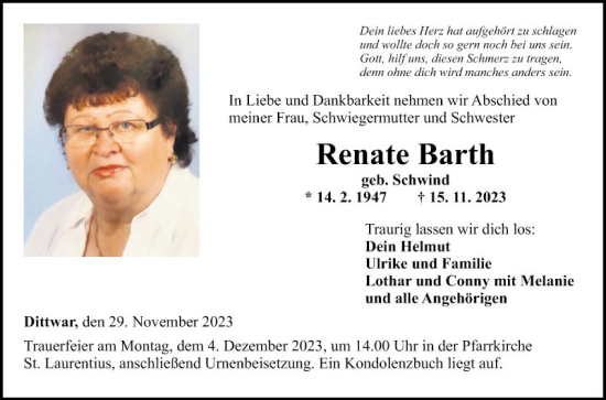 Traueranzeige von Renate Barth von Fränkische Nachrichten