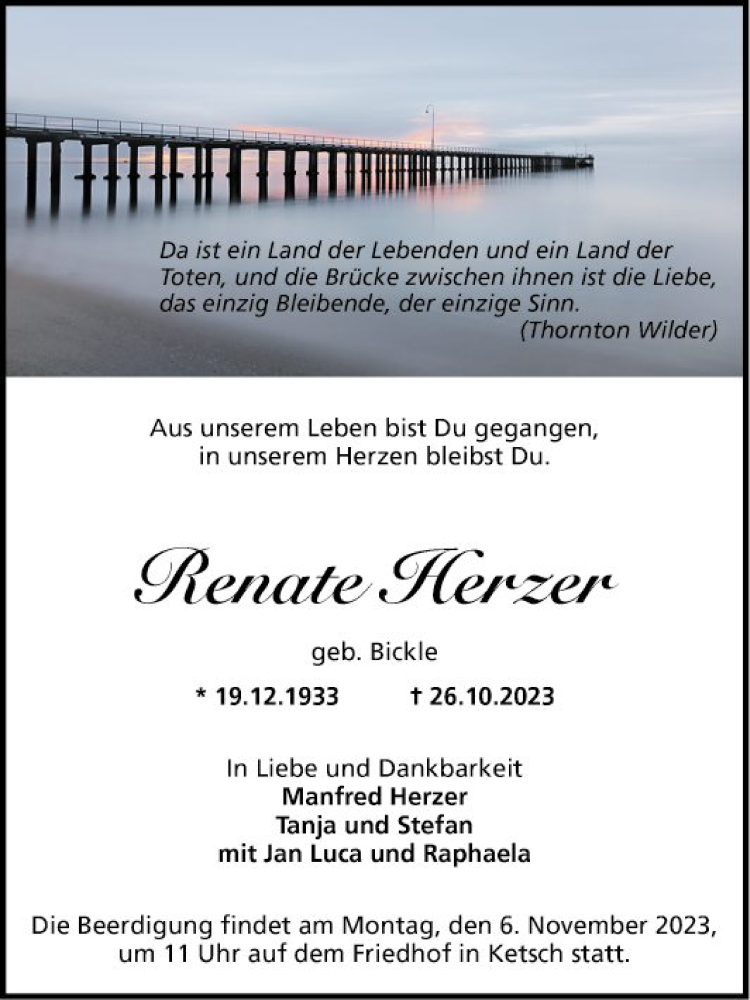  Traueranzeige für Renate Herzer vom 02.11.2023 aus Schwetzinger Zeitung