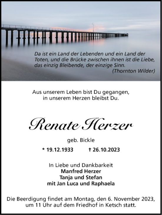 Traueranzeige von Renate Herzer von Schwetzinger Zeitung