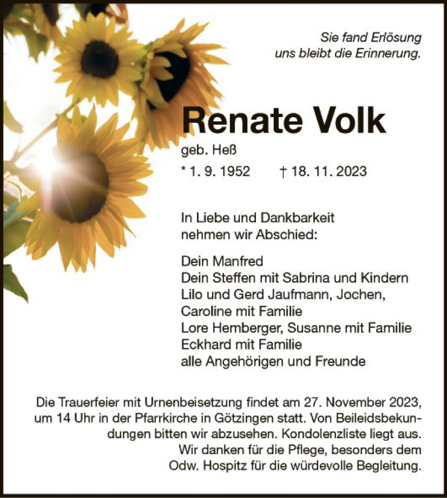  Traueranzeige für Renate Volk vom 25.11.2023 aus Fränkische Nachrichten