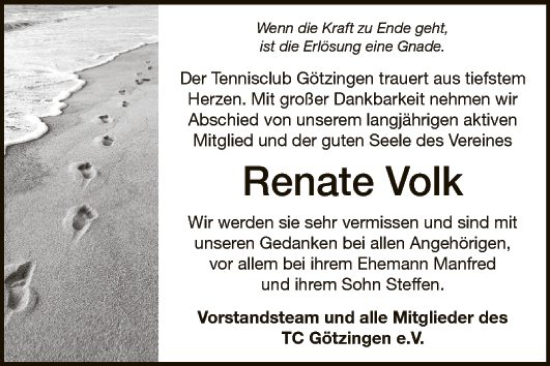 Traueranzeige von Renate Volk von Fränkische Nachrichten