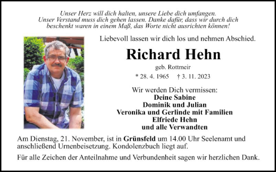 Traueranzeige von Richard Hehn von Fränkische Nachrichten