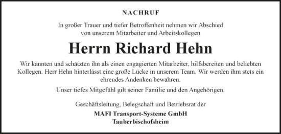 Traueranzeige von Richard Hehn von Fränkische Nachrichten