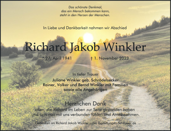 Traueranzeige von Richard Jakob Winkler von Mannheimer Morgen