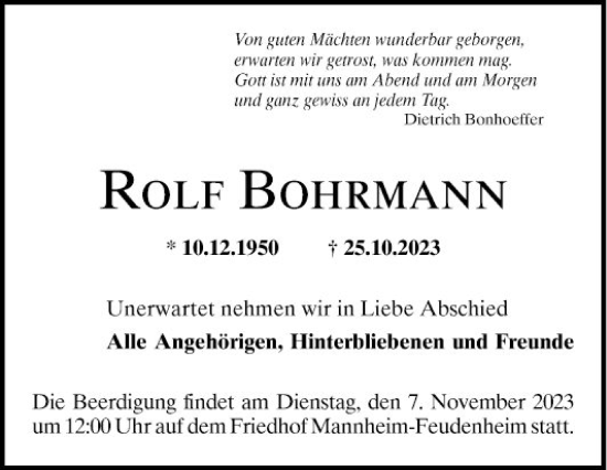 Traueranzeige von Rolf Bohrmann von Mannheimer Morgen