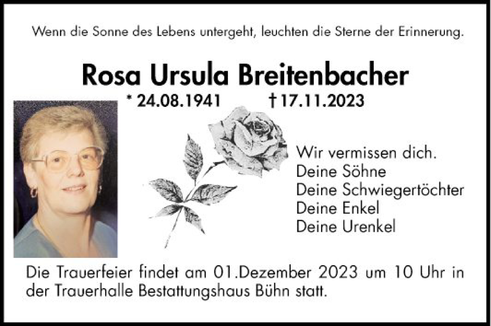  Traueranzeige für Rosa Ursula Breitenbacher vom 25.11.2023 aus Mannheimer Morgen