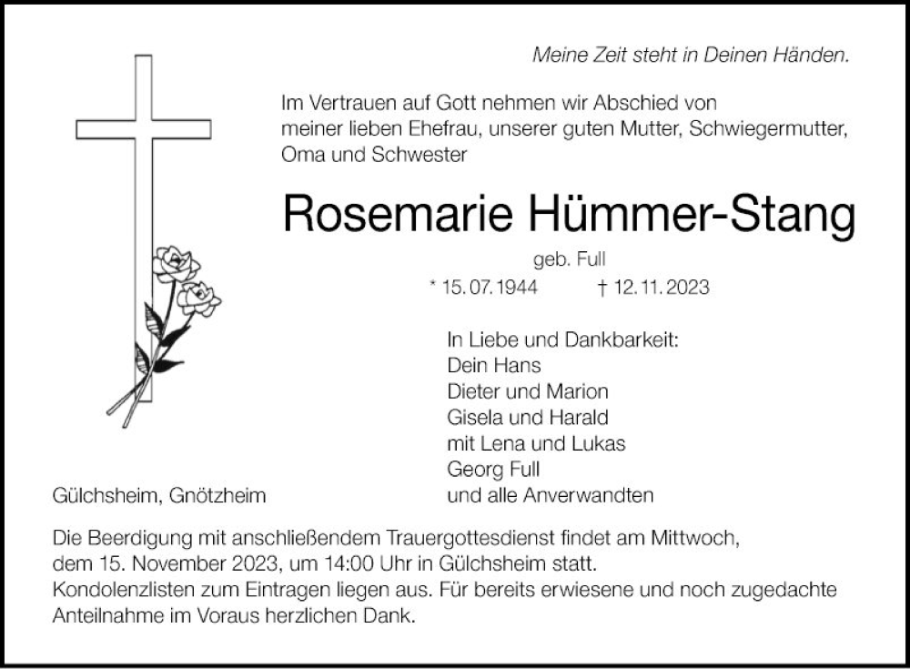  Traueranzeige für Rosemarie Hümmer-Stang vom 14.11.2023 aus Fränkische Nachrichten