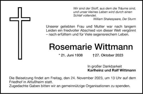 Traueranzeige von Rosemarie Wittmann von Schwetzinger Zeitung