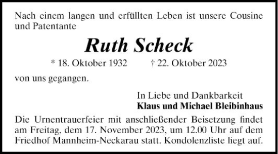 Traueranzeige von Rudi Scheck von Mannheimer Morgen