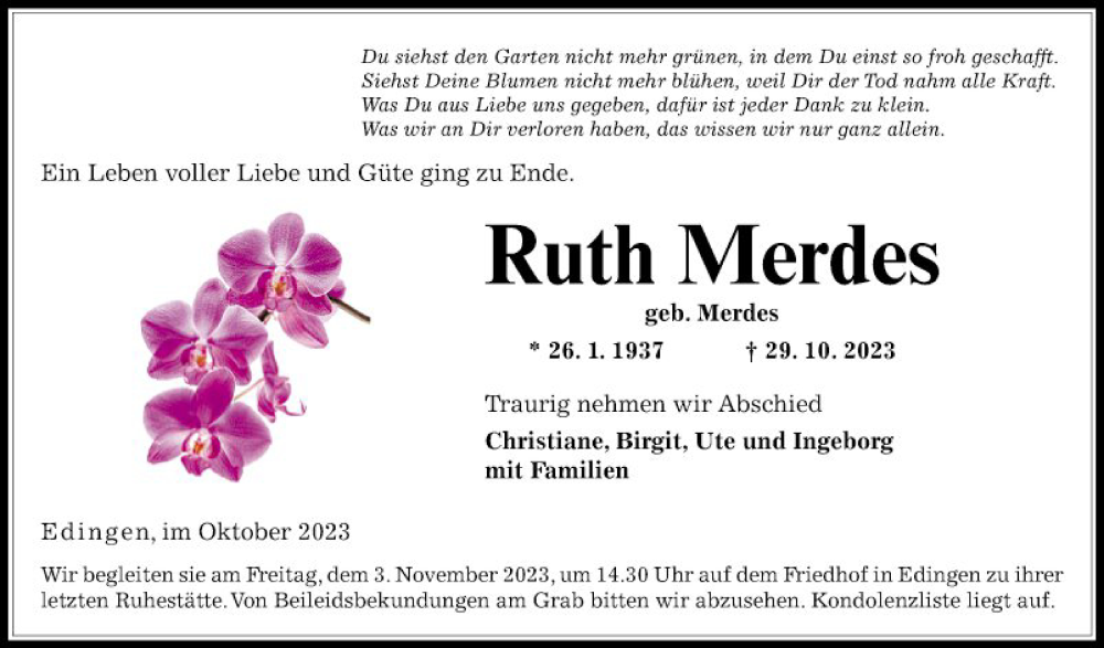  Traueranzeige für Ruth Merdes vom 02.11.2023 aus Mannheimer Morgen