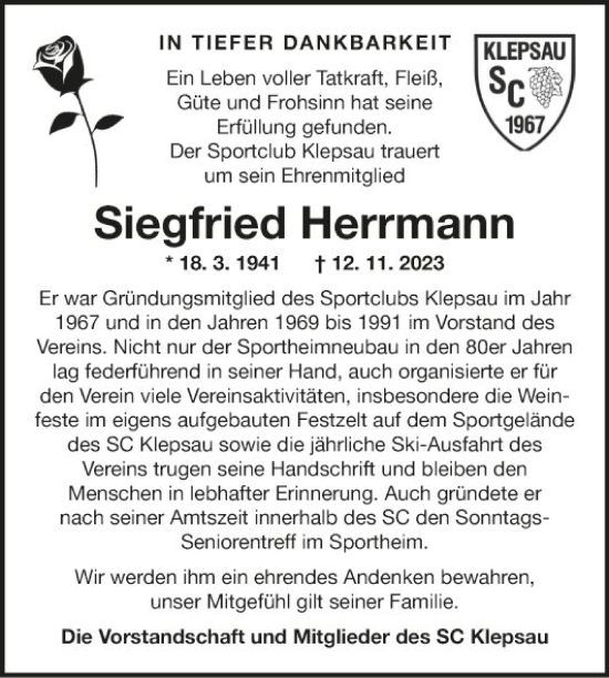 Traueranzeige von Siegfried Herrmann von Fränkische Nachrichten