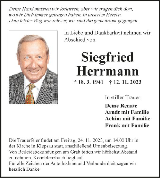Traueranzeige von Siegfried Herrmann von Fränkische Nachrichten