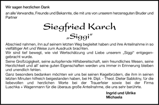 Traueranzeige von Siegfried Karch von Mannheimer Morgen