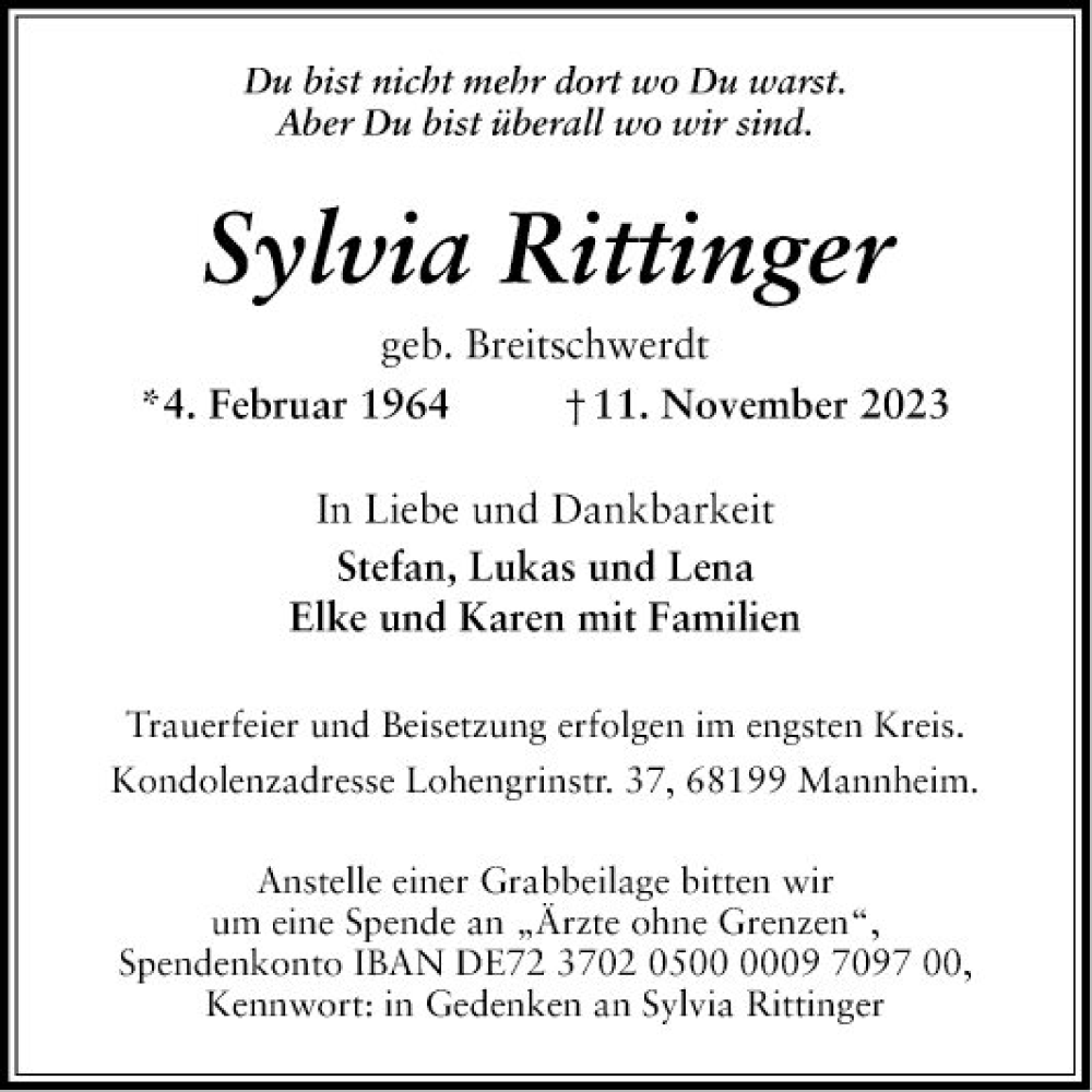  Traueranzeige für Sylvia Rittinger vom 18.11.2023 aus Mannheimer Morgen