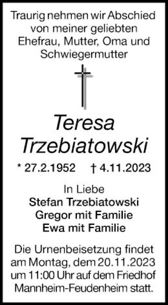 Traueranzeige von Teresa Trzebiatowski von Mannheimer Morgen