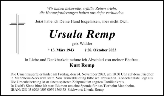 Traueranzeige von Ursula Remp von Mannheimer Morgen