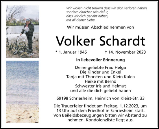Traueranzeige von Volker Schardt von Mannheimer Morgen