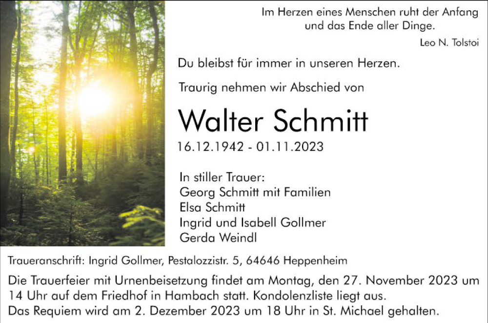  Traueranzeige für Walter Schmitt vom 18.11.2023 aus Bergsträßer Anzeiger