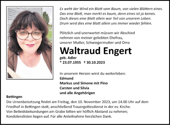 Traueranzeige von Waltraud Engert von Fränkische Nachrichten