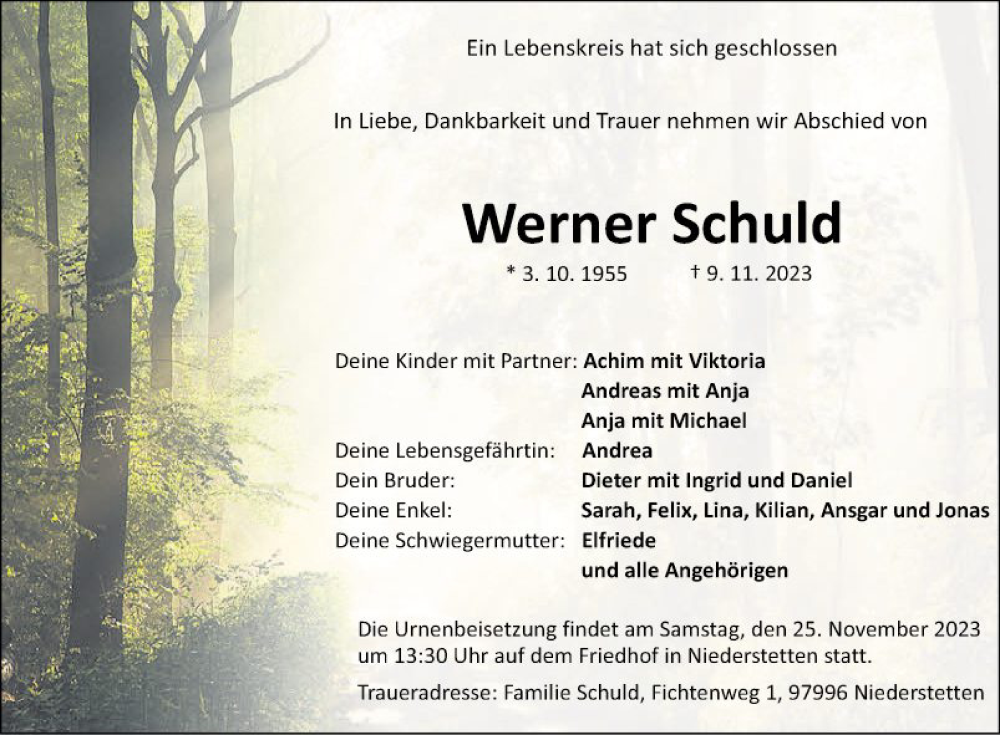  Traueranzeige für Werner Schuld vom 18.11.2023 aus Fränkische Nachrichten