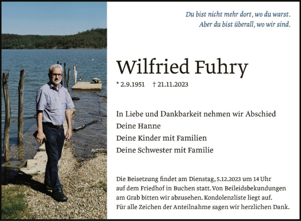  Traueranzeige für Wilfried Fuhry vom 29.11.2023 aus Fränkische Nachrichten